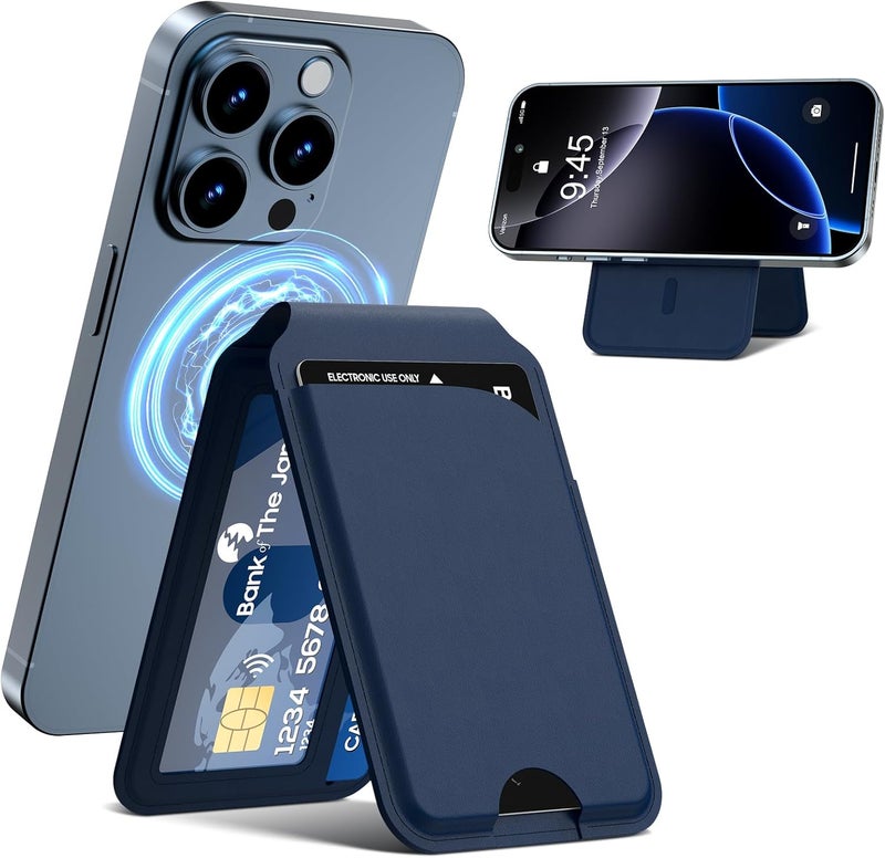 Frapkom for Mag-Safe Wallet, Leather Phone Magnetic Wallet Stand Adjustable for iPhone 17/16/15/14/13/12 Series, ID Window, RFID Blocking (Blue) - Image 1
